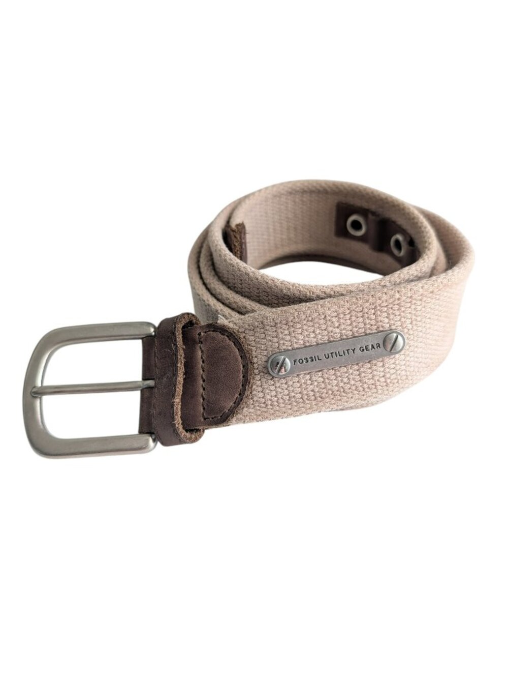 Fossil Utility Gear Men’s Canvas Belt Khaki Tan Leather Trim Size 40